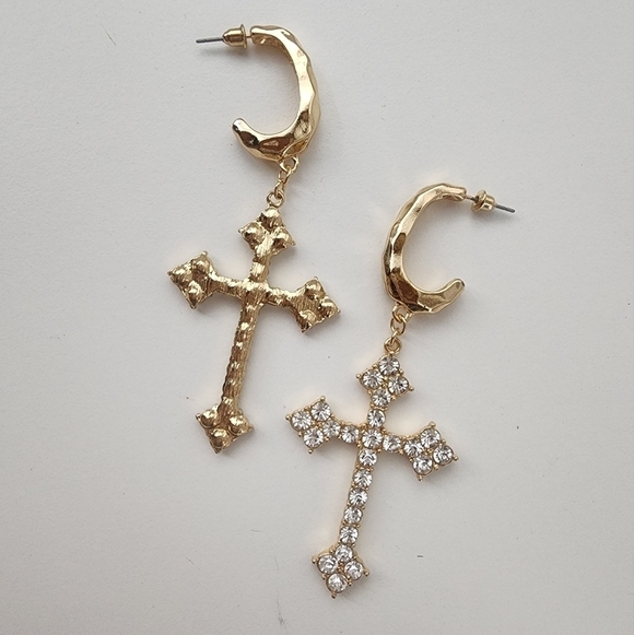 NEW Golden Embellished Statement Cross Hoop Earrings - Picture 7 of 8